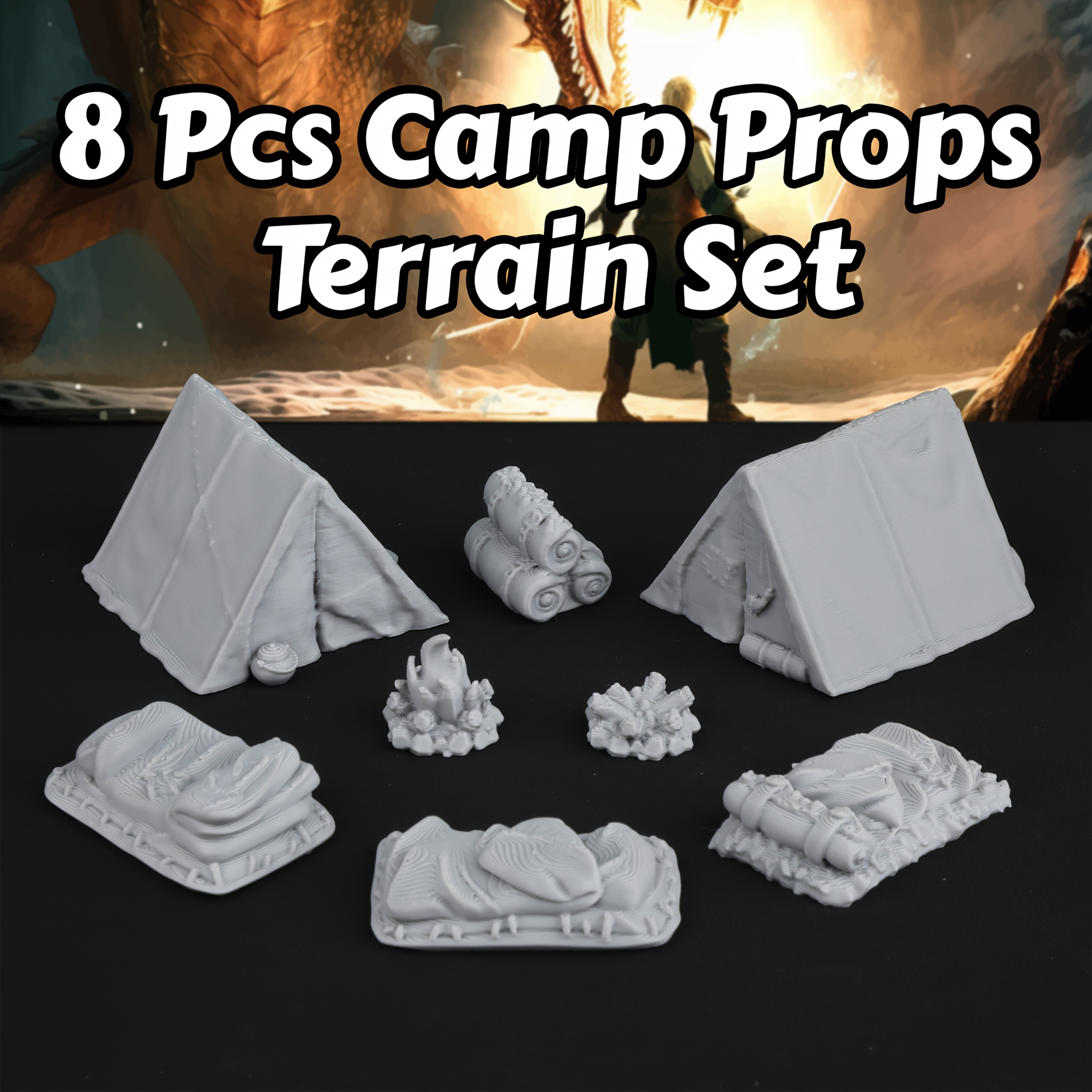 8pcs RPG Adventurer's Camp Min - огляд і ціна Miniature Terrain Set